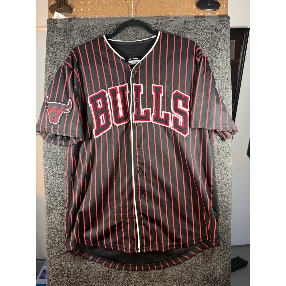 NBA Chicago Bulls Baseball Jersey Mens Large Black Red Pinstripe Button Front 66